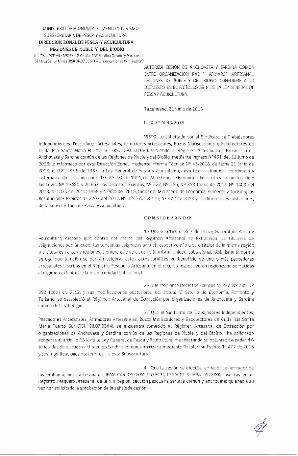 Res. Ex. N° 43-2018 (DZP VIII) Autoriza Cesión Anchoveta y Sardina común.