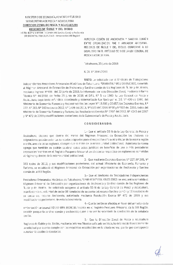 Res. Ex. N° 44-2018 (DZP VIII) Autoriza Cesión Anchoveta y Sardina común.