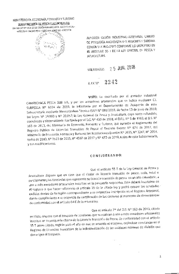 Res. Ex. N° 2242-2018 Autoriza cesión Anchoveta Región del Biobío.