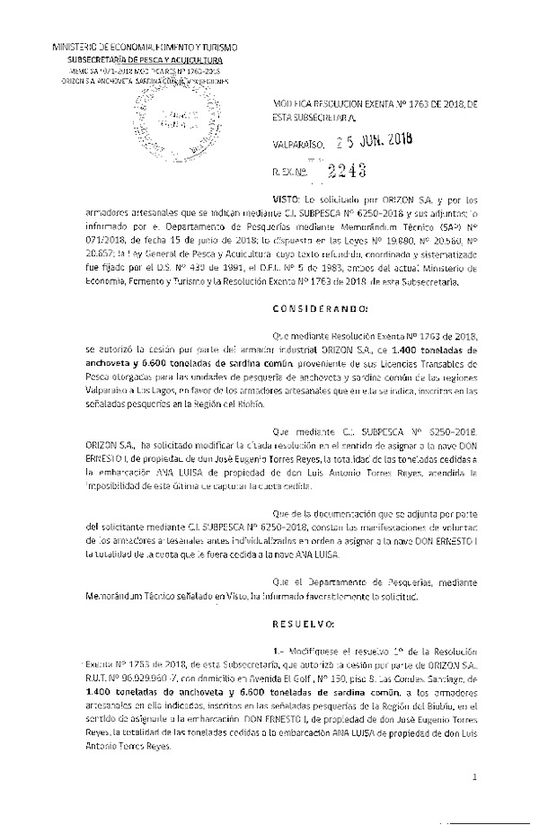 Res. Ex. N° 2243-2018 Modifica Res. Ex. N° 1763-2018 Autoriza cesión anchoveta y sardina común Región del Biobío.