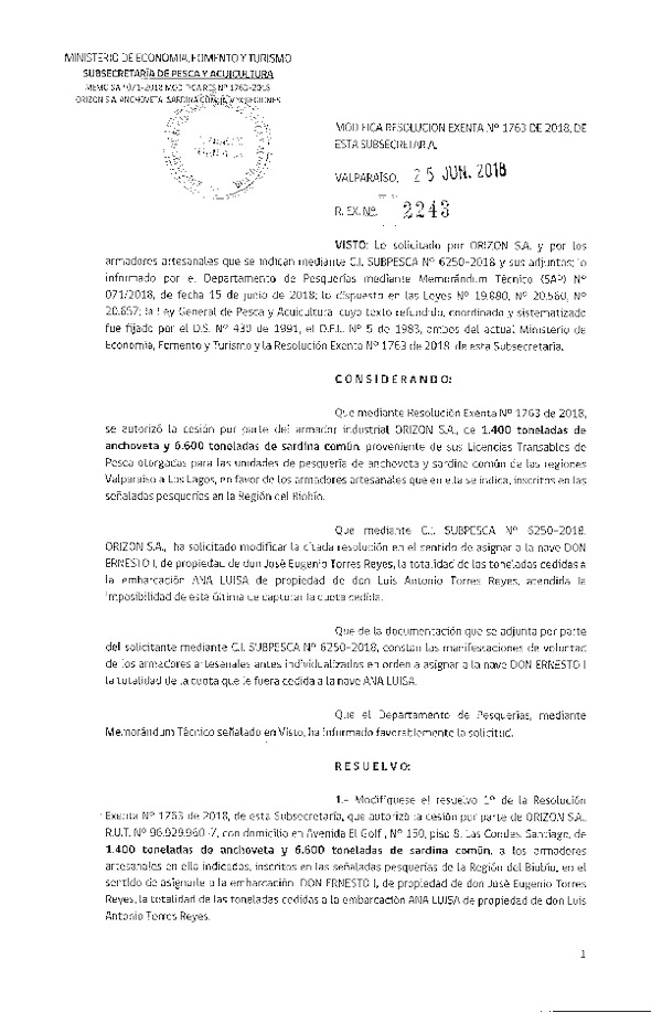 Res. Ex. N° 2243-2018 Modifica Res. Ex. N° 1763-2018 Autoriza cesión anchoveta y sardina común Región del Biobío.