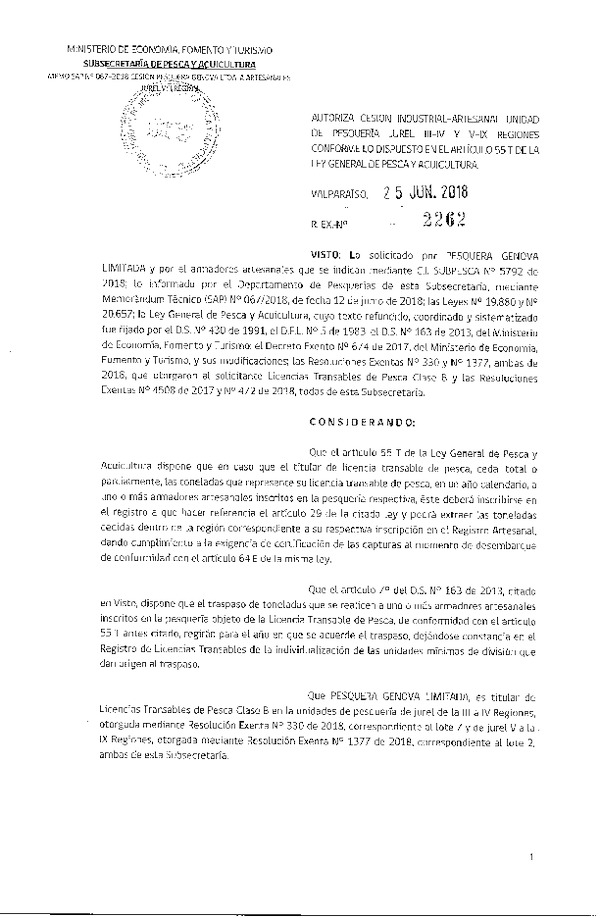 Res. Ex. N° 2262-2018 Autoriza cesión jurel Región del Biobío.