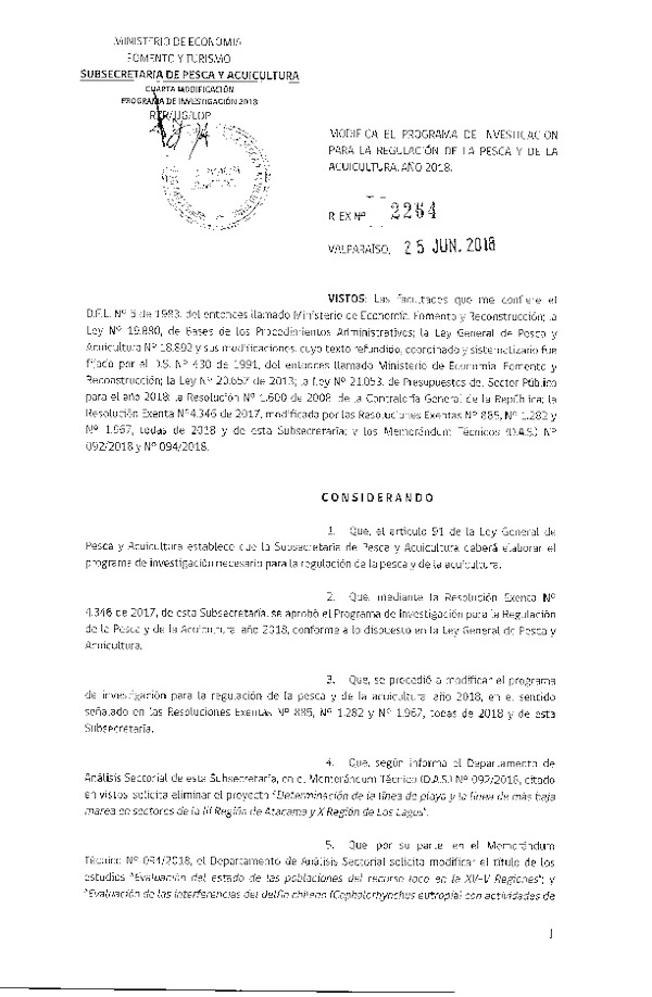 Res. Ex. N° 2264-2018 Modifica Res. Ex. N° 4346-2017 Aprueba Programa de Investigación para la Regulación de la Pesca y Acuicultura, Año 2018. (Publicado en Página Web 25-06-2018)