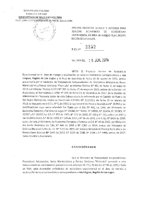 Res. Ex. N° 2252-2018 Aprueba proyecto técnico y autoriza para realizar actividades de acuicultura experimental en área de manejo Isla Linguar, Región de Los Lagos. (Publicado en Página Web 25-06-2018)