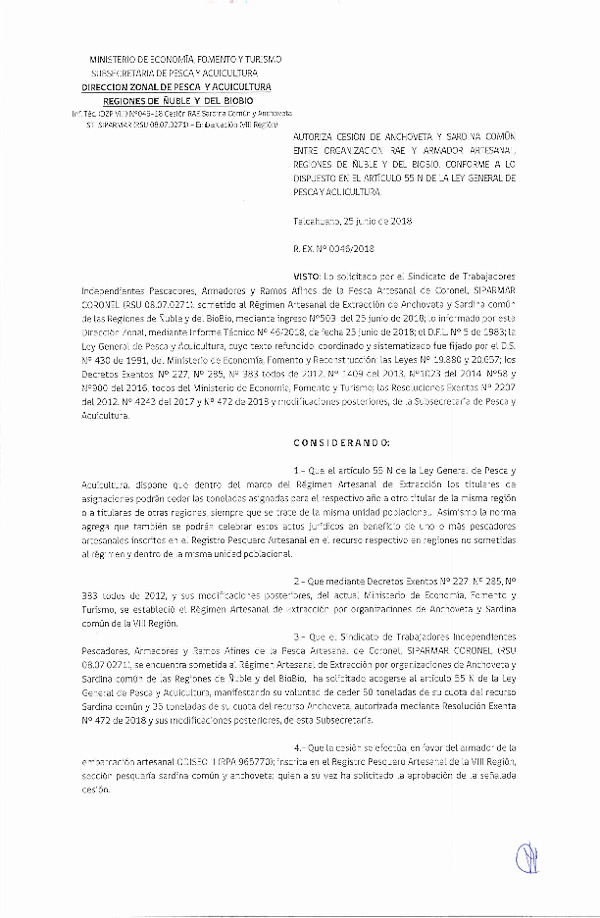 Res. Ex. N° 46-2018 (DZP VIII) Autoriza Cesión Anchoveta y Sardina común.