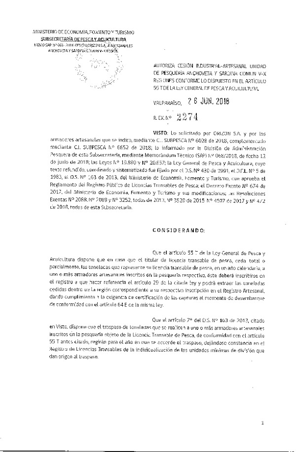 Res. Ex. N° 2274-2018 Autoriza cesión Anchoveta y Sardina común Región del Biobío.