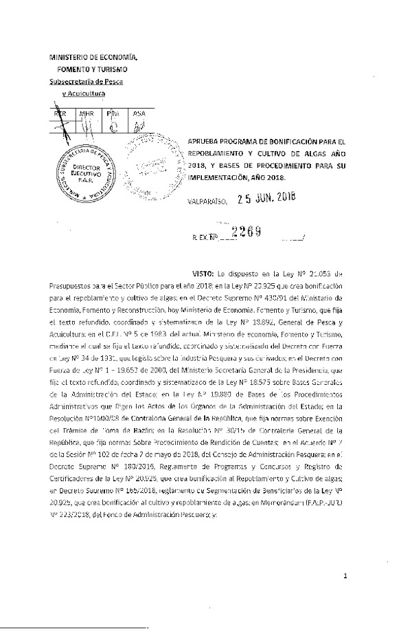 Res. Ex. N° 2269-2018 Aprueba programa de bonificación para el repoblamiento y cultivo de algas año 2018, y bases de procedimiento para su implementación, año 2018. (Publicado en Página Web 26-06-2018)