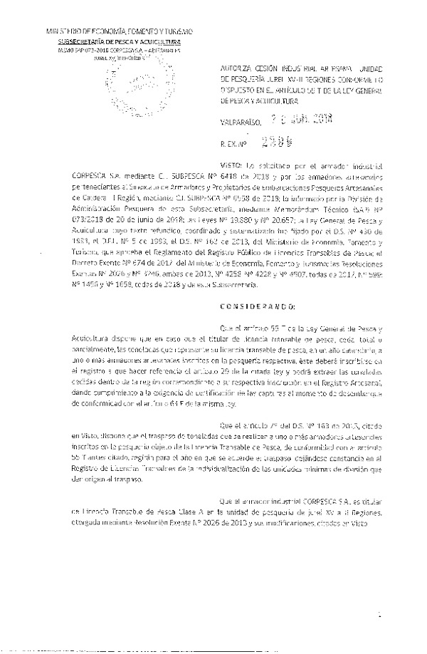 Res. Ex. N° 2299-2018 Autoriza cesión jurel Región de de Atacama.