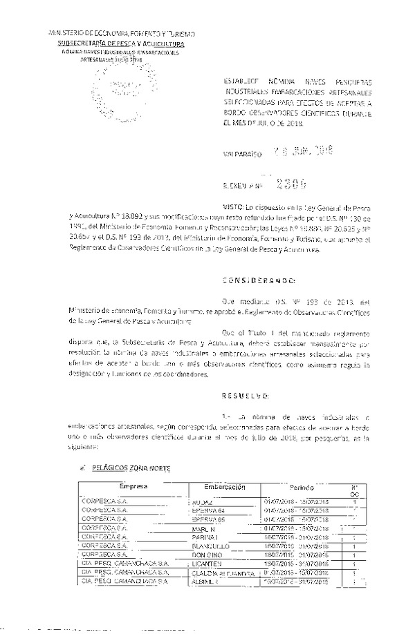 Res. Ex. Nº 2300-2018 Naves mes de julio de 2018.