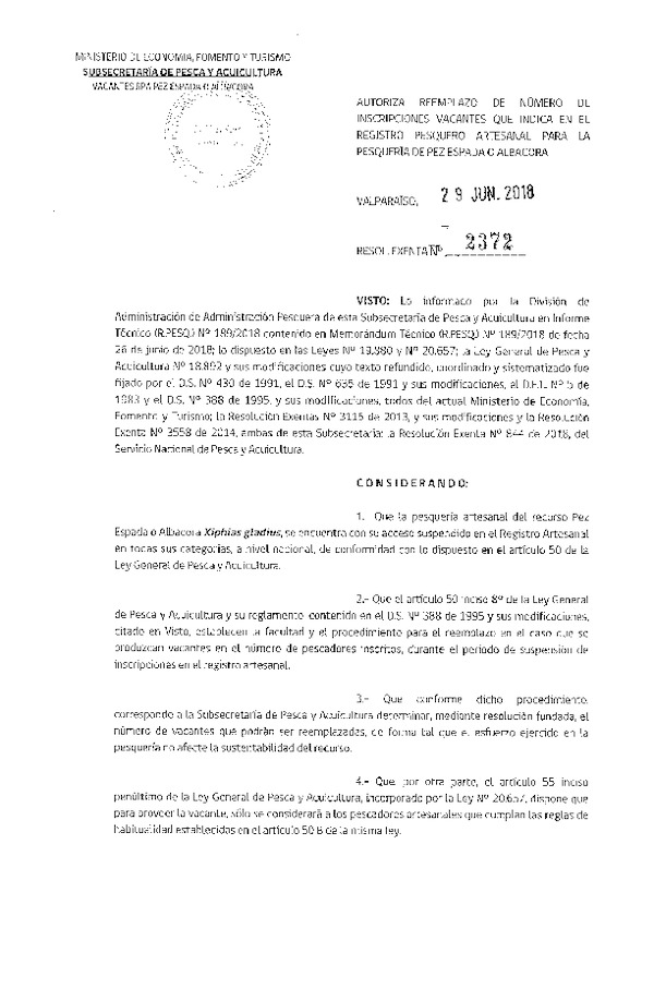 Res. Ex. N° 2372-2018, Autoriza Reemplazo de Número de Inscripciones Vacantes que Indica en el Registro Pesquero Artesanal, Pesquería de Pez Espada o Albacora. (Publicado en Página Web 29-06-2018) (F.D.O. 07-07-2018)