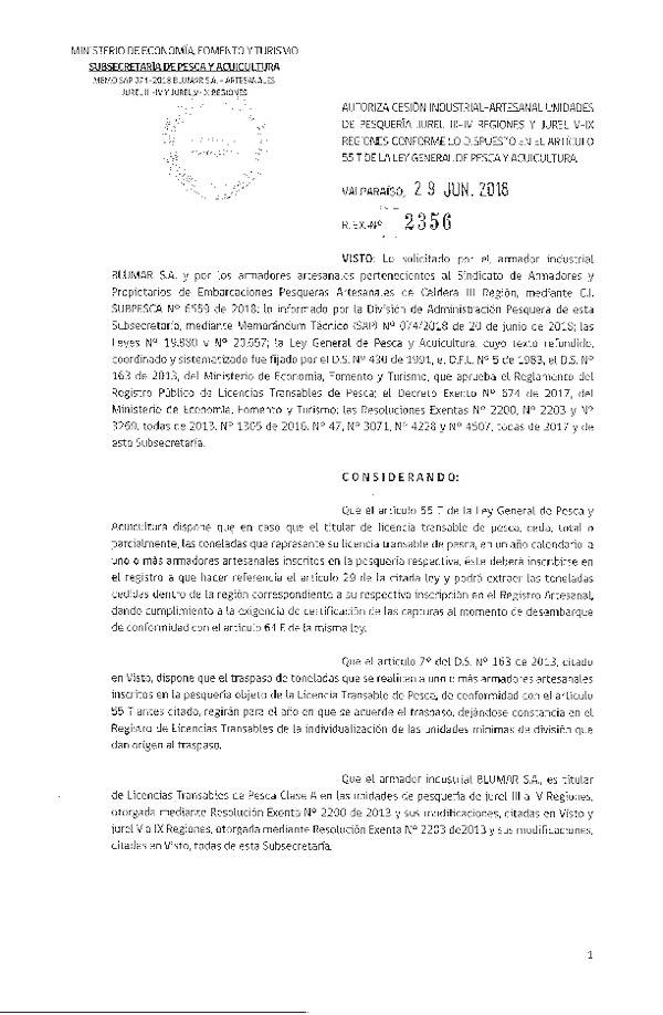 Res. Ex. N° 2356-2018 Autoriza cesión Jurel Región de Atacama.