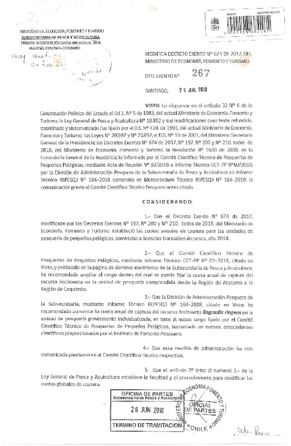 Dec. Ex. N° 267-2018 Modifica Dec. Ex. N° 674-2017 Establece Cuotas Anuales de Captura Unidades de Pesquerías de Recursos Pelágicos Pequeños que Indica, Sometidas a LTP Año 2018. (Publicado en Página Web 03-07-2018) (F.D.O. 05-07-2018)