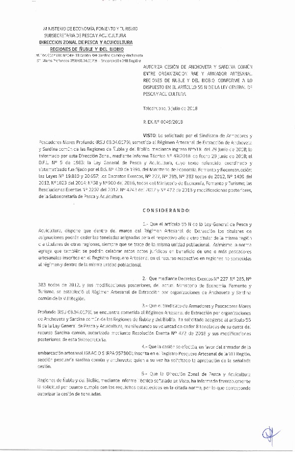 Res. Ex. N° 49-2018 (DZP VIII) Autoriza Cesión Anchoveta y Sardina común.