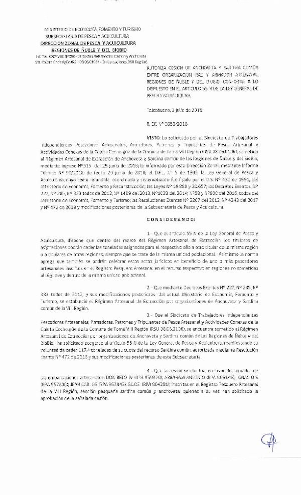Res. Ex. N° 50-2018 (DZP VIII) Autoriza Cesión Anchoveta y Sardina común.