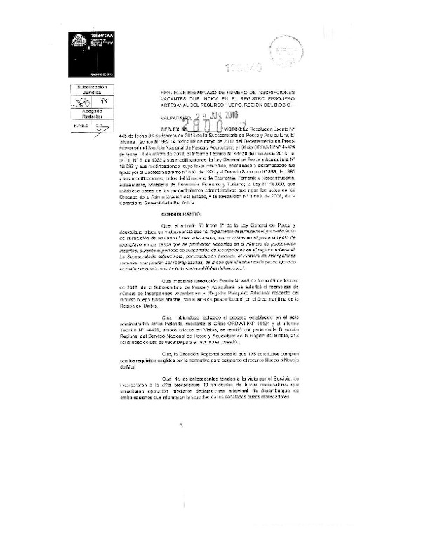 Res. Ex N° 2800-2018 (Sernapesca) Resuelve Reemplazo de Número de Inscripciones Vacantes que Indica en el Registro Pesquero Artesanal del Recurso Huepo Región del Biobío. (Publicado en Página Web 03-07-2018) (F.D.O. 13-07-2018)