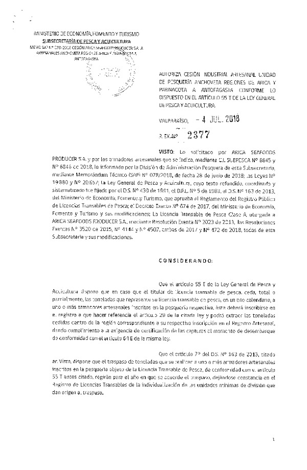 Res. Ex. N° 2377-2018 Autoriza cesión Anchoveta Región Arica y Parinacota a Región de Antofagasta.