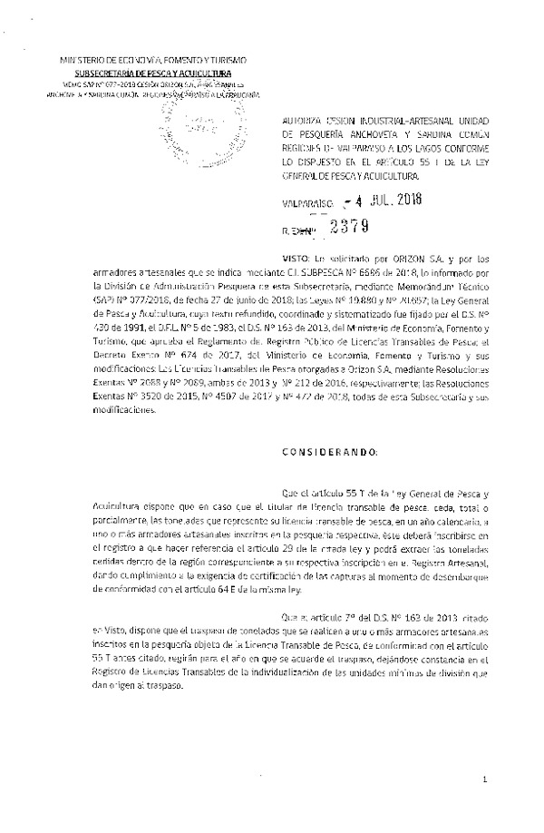 Res. Ex. N° 2379-2018 Autoriza Cesión Anchoveta y Sardina común, Regiones de Valparaíso a Los Lagos.