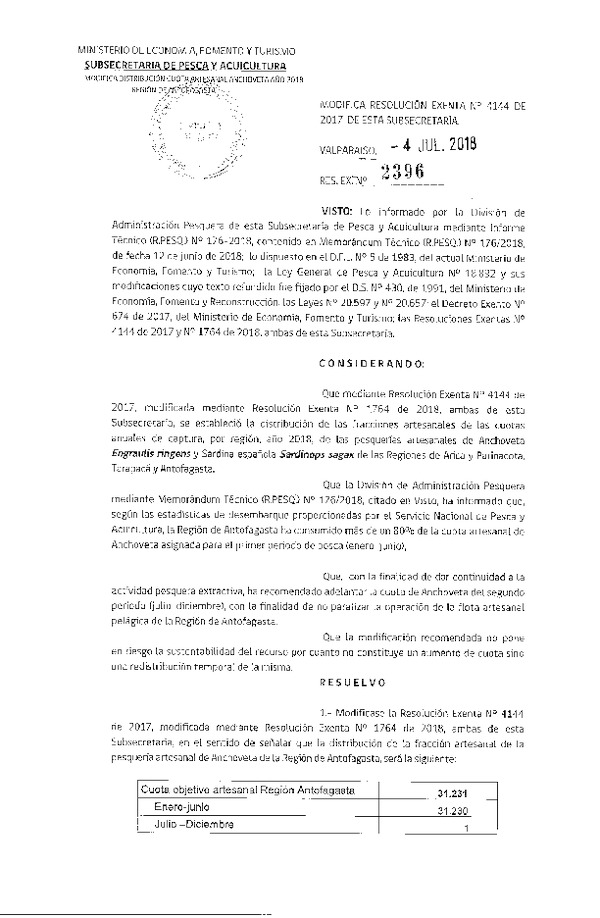 Res. Ex. N° 2396-2018 Modifica Res. Ex. N° 4144-2017 Establece Distribución de las Fracciones Artesanales de Anchoveta y Sardina Española XV-II Regiones, por Región, Año 2018. (Publicado en Página Web 05-07-2018) (F.D.O. 11-07-2018)