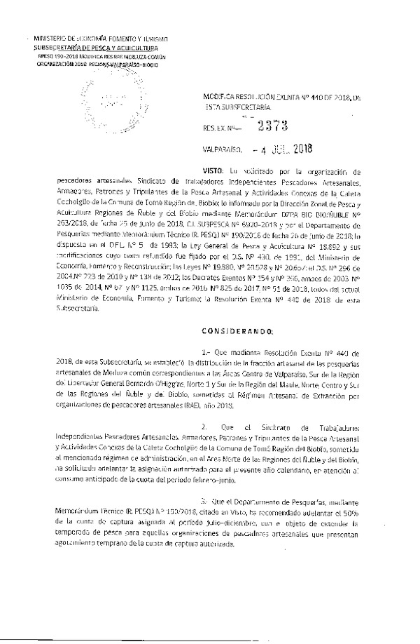 Res. Ex. N° 2373-2018 Modifica Res. Ex. N° 440-2018 Distribución de la fracción artesanal de Pesquería de merluza común por Organización en áreas que indica, año 2018. (Publicado en Página Web 05-07-2018)