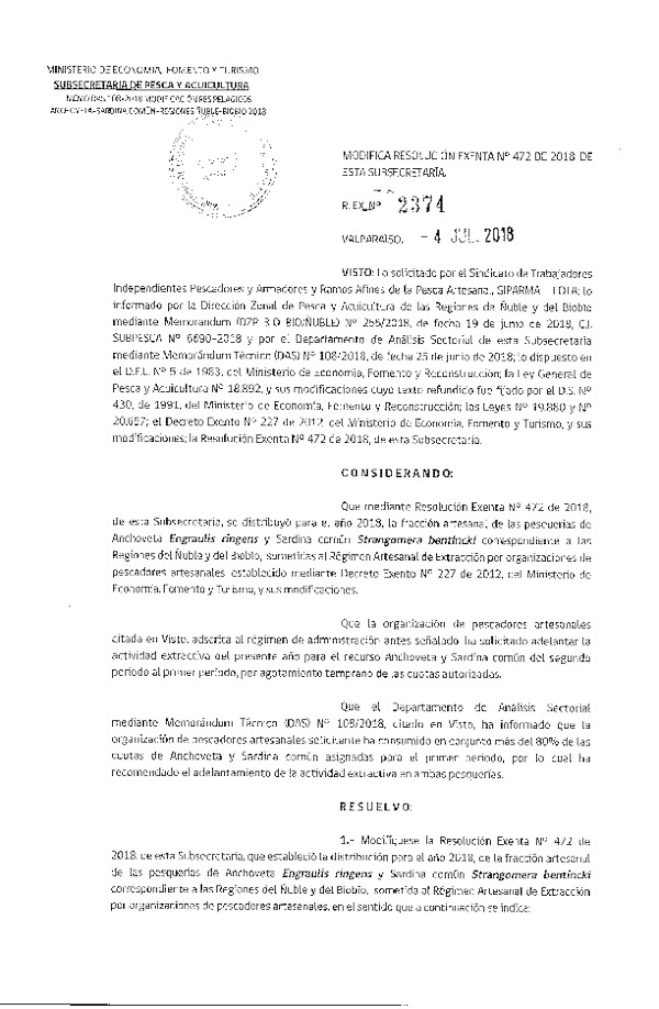 Res. Ex. N° 2374-2018 Modifica Res. Ex. N° 472-2018 Distribución de la fracción artesanal de pesquería de anchoveta y sardina común. (Publicado en Página Web 05-07-2018)