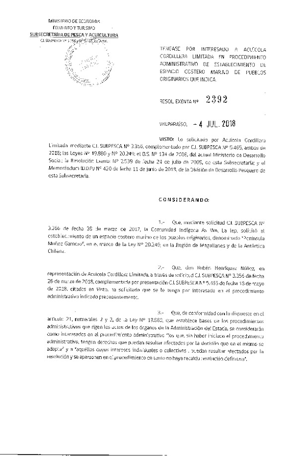 Res. Ex. N° 2392-2018 Téngase por interesado a Acuícola Cordillera Limitada en procedimiento administrativo de establecimiento de ECMPO que indica. (Publicado en Página Web 05-07-2018)