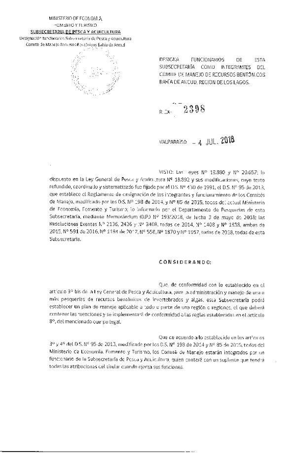 Res. Ex. N° 2398-2018 Designa Funcionarios de esta Subsecretaría como Integrantes del Comité de Manejo de Recursos Bentónicos Bahía de Ancud, Región de Los Lagos. (Publicado en Página Web 05-07-2018)