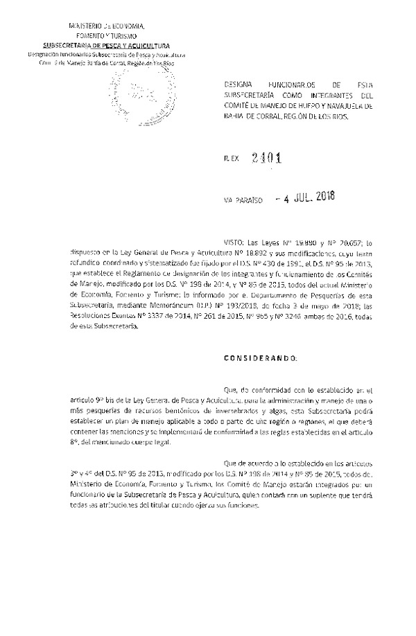 Res. Ex. N° 2401-2018 Designa Funcionarios de esta Subsecretaría como Integrantes del Comité de Manejo de Huepo, Navajuela y Talquilla de Bahía Corral, Región de Los Ríos. (Publicado en Página Web 05-07-2018)