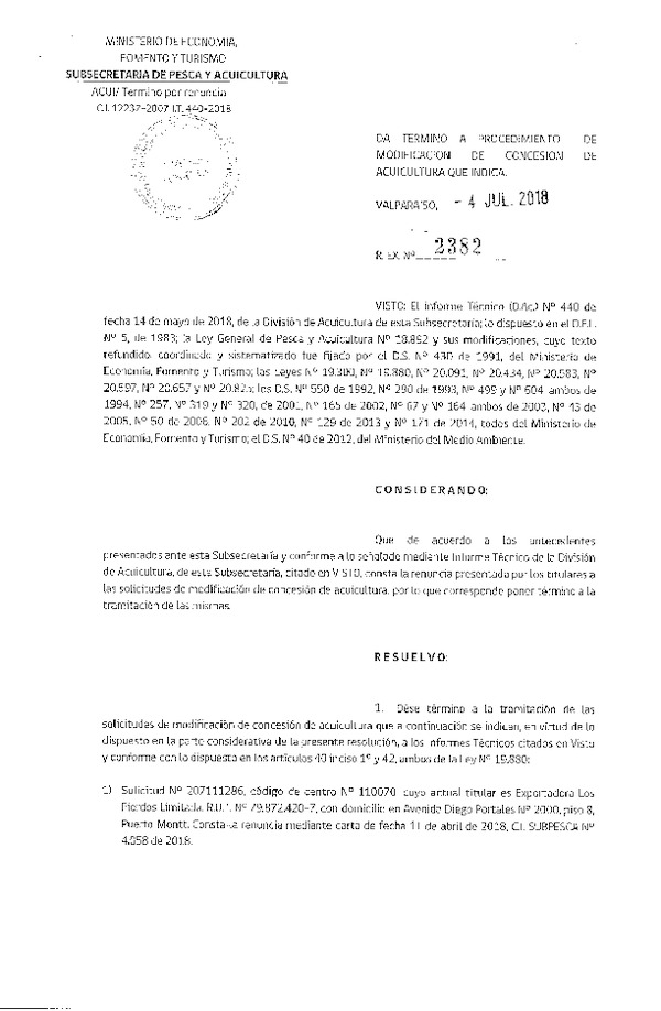 Res. Ex. N° 2382-2018 Da término a procedimiento de modificación de concesión de acuicultura que indica.