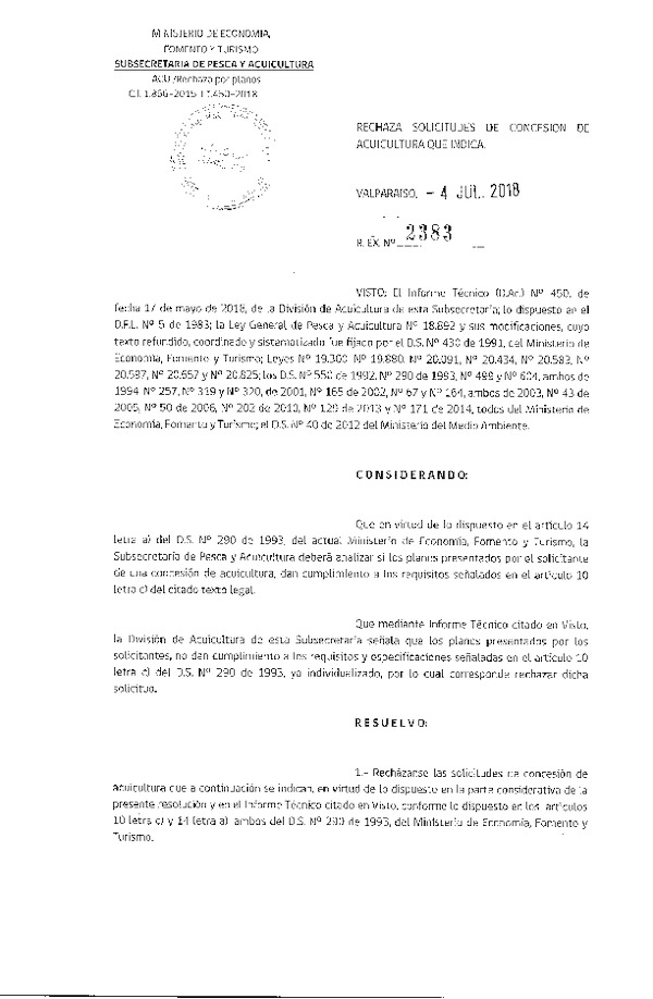 Res. Ex. N° 2383-2018 Rechaza solicitudes de concesión de acuicultura que indica.