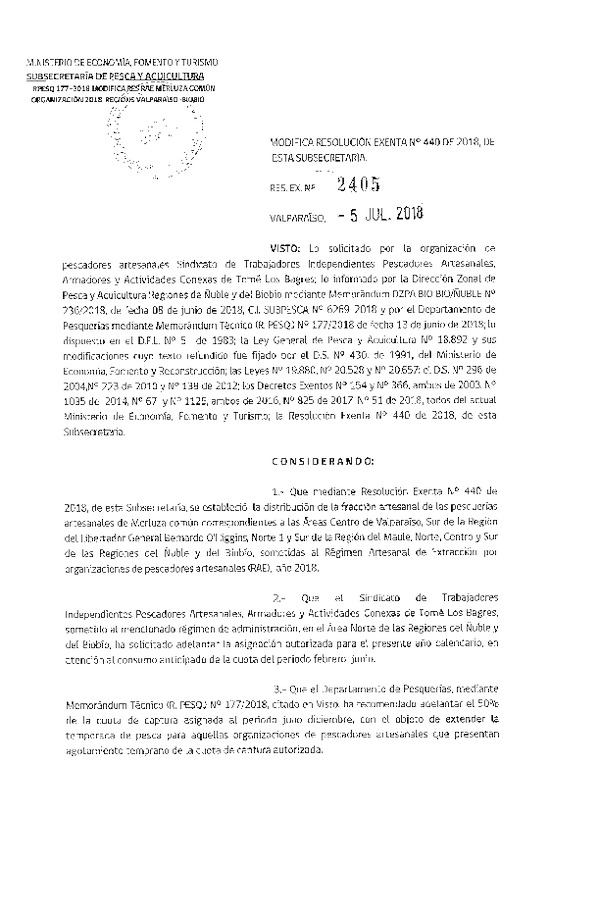 Res. Ex. N° 2405-2018 Modifica Res. Ex. N° 440-2018 Distribución de la fracción artesanal de Pesquería de merluza común por Organización en áreas que indica, año 2018. (Publicado en Página Web 06-07-2018)