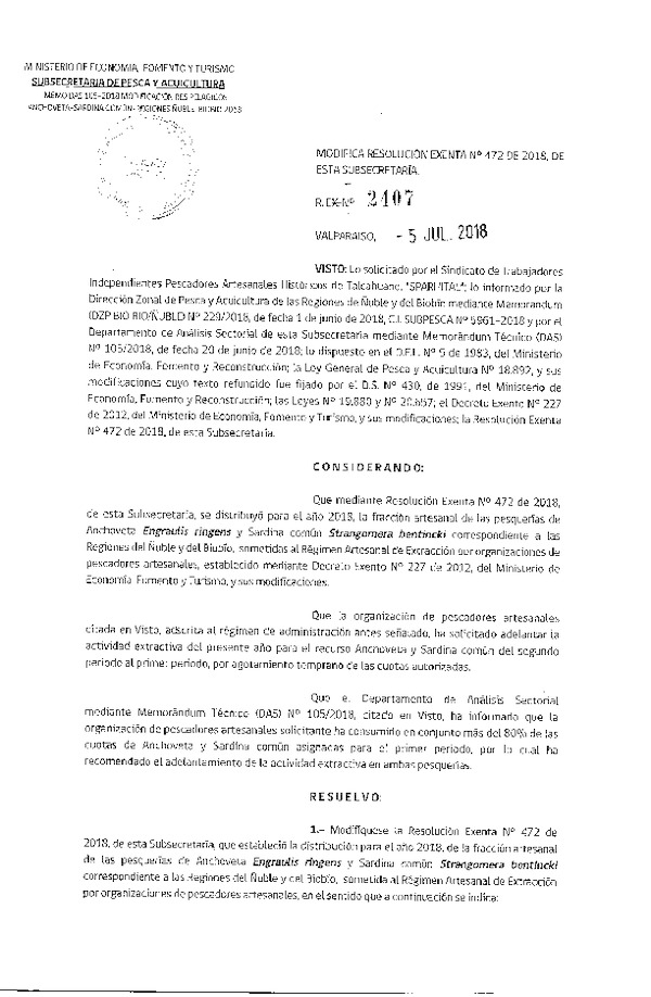 Res. Ex. N° 2407-2018 Modifica Res. Ex. N° 472-2018 Distribución de la fracción artesanal de pesquería de anchoveta y sardina común. (Publicado en Página Web 06-07-2018)