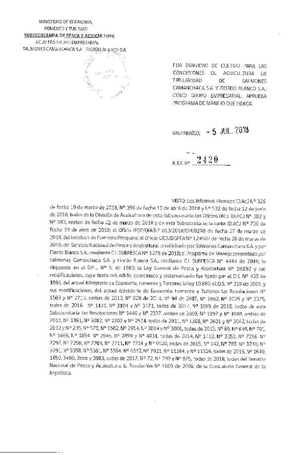 Res. Ex. N° 2420-2018 Fija Densidad de Cultivo para las Concesiones de Acuicultura que Indica. Aprueba Programa de Manejo que Señala(Con Informe Técnico) (Publicado en Página Web 06-07-2018)