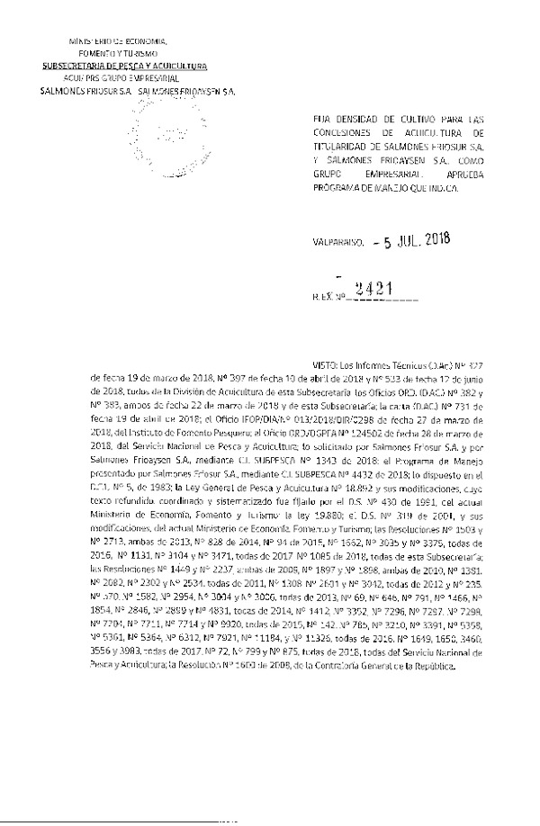 Res. Ex. N° 2421-2018 Fija Densidad de Cultivo para las Concesiones de Acuicultura que Indica. Aprueba Programa de Manejo que Señala(Con Informe Técnico) (Publicado en Página Web 06-07-2018)