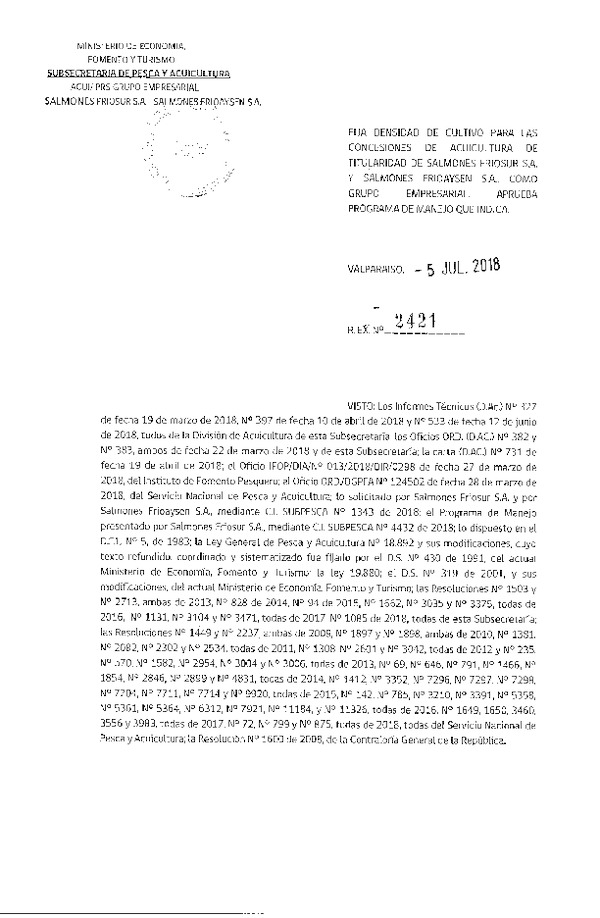 Res. Ex. N° 2421-2018 Fija Densidad de Cultivo para las Concesiones de Acuicultura que Indica. Aprueba Programa de Manejo que Señala(Con Informe Técnico) (Publicado en Página Web 06-07-2018)