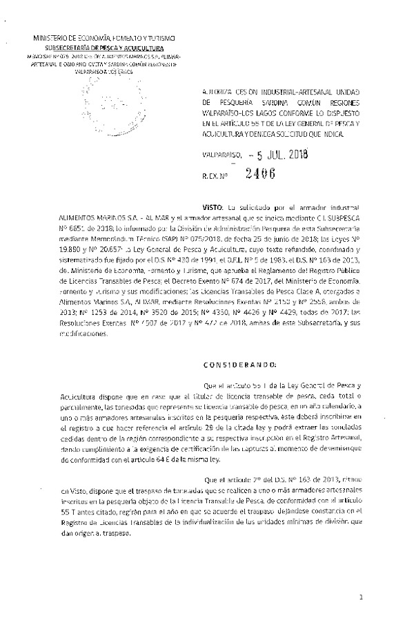 Res. Ex. N° 2406-2018 Autoriza Cesión Sardina común, Regiones de Valparaíso a Los Lagos.