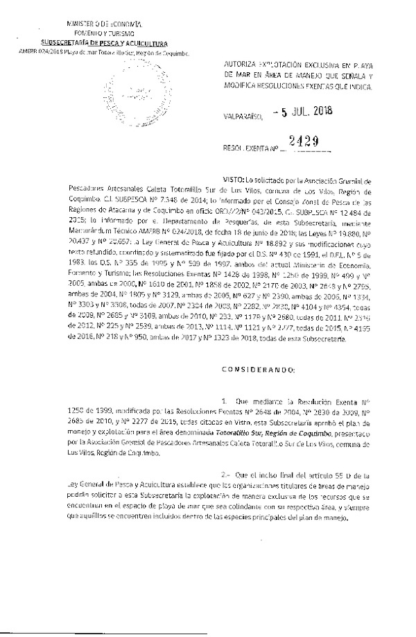 Res. Ex. N° 2429-2018 Autoriza Explotación exclusiva en Playa de Mar.