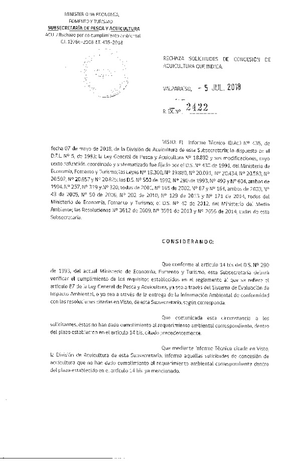 Res. Ex. N° 2422-2018 Rechaza solicitudes de concesión de acuicultura que indica.