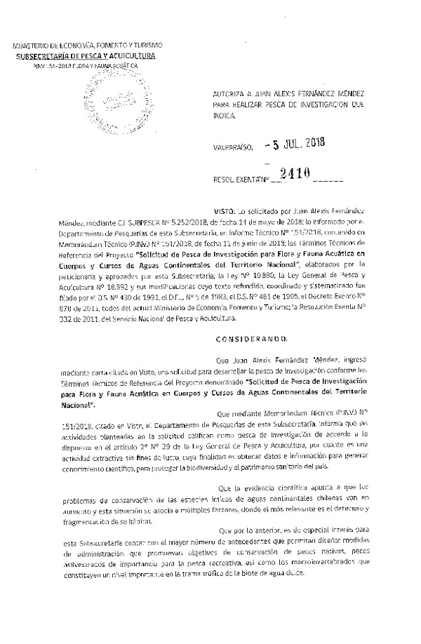 Res. Ex. N° 2410-2018 Flora y fauna acuática.