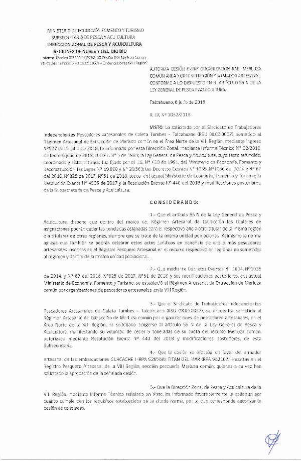 Res. Ex. N° 52-2018 (DZP VIII) Autoriza Cesión Merluza común, Regiones de Ñuble y del Biobío.