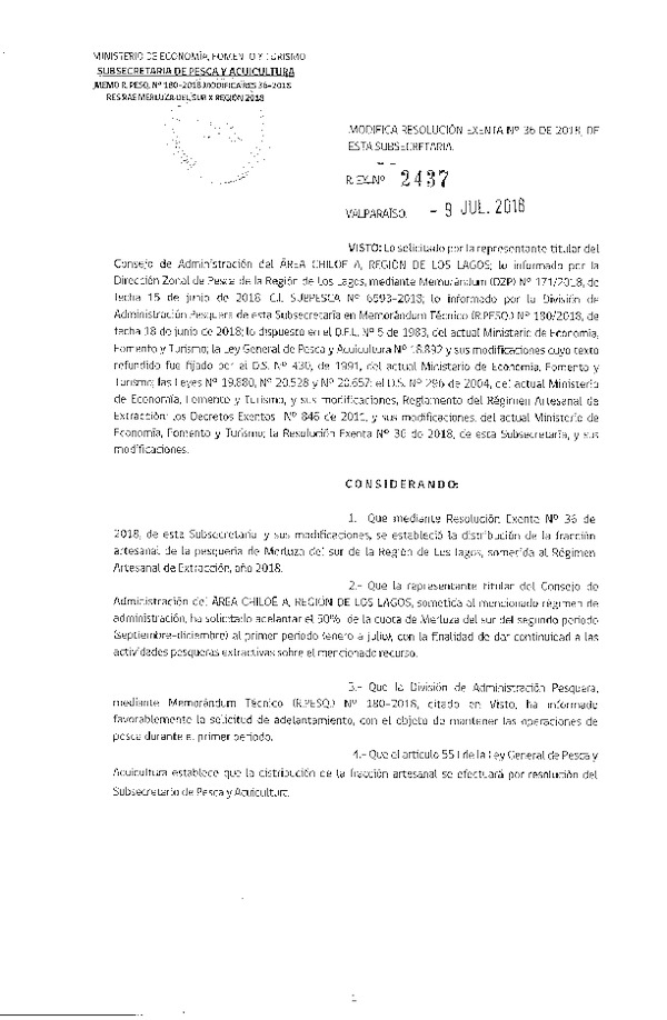 Res. Ex. N° 2437-2018 Modifica Res. Ex. N° 36-2018 Distribución de la Fracción Artesanal de Pesquería de Merluza del Sur, X Región, Año 2018. (Publicado en Página Web 09-07-2018)