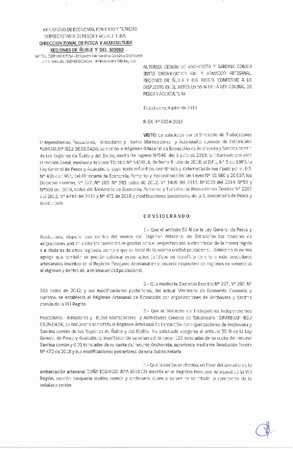 Res. Ex. N° 54-2018 (DZP VIII) Autoriza Cesión Anchoveta y Sardina común.