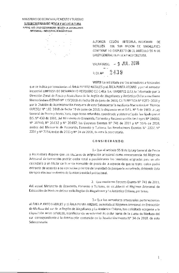 Res. Ex. N° 2439-2018 Cesión Merluza del sur Región de Magallanes y La Antártica Chilena.