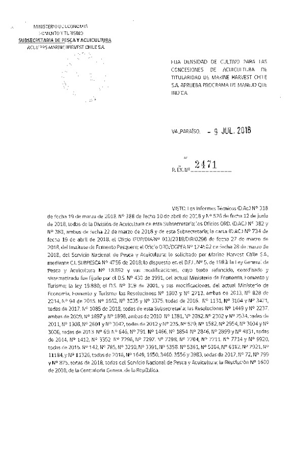 Res. Ex. N° 2471-2018 Fija Densidad de Cultivo para las Concesiones de Acuicultura que Indica. Aprueba Programa de Manejo que Señala(Con Informe Técnico) (Publicado en Página Web 10-07-2018)