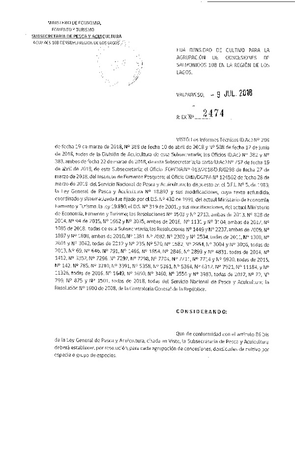 Res. Ex. N° 2474-2018 Fija Densidad de Cultivo para la Agrupación de Concesiones de Salmónidos 10B, Región de Los Lagos (Con Informe Técnico) (Publicado en Página Web 10-07-2018) (F.D.O. 18-07-2018)