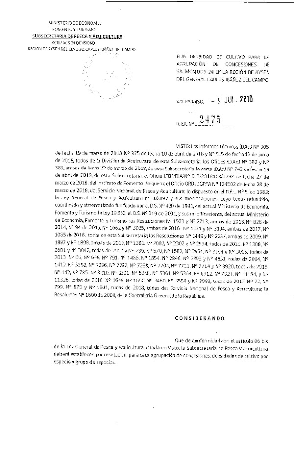 Res. Ex. N° 2475-2018 Fija Densidad de Cultivo para la Agrupación de Concesiones de Salmónidos 24, Región de Aysén del General Carlos Ibañez del Campo (Con Informe Técnico) (Publicado en Página Web 10-07-2018) (F.D.O. 18-07-2018)