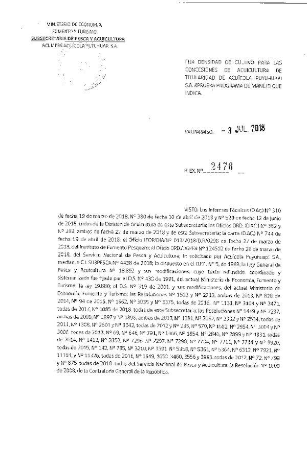 Res. Ex. N° 2476-2018 Fija Densidad de Cultivo para las Concesiones de Acuicultura que Indica. Aprueba Programa de Manejo que Señala(Con Informe Técnico) (Publicado en Página Web 10-07-2018)