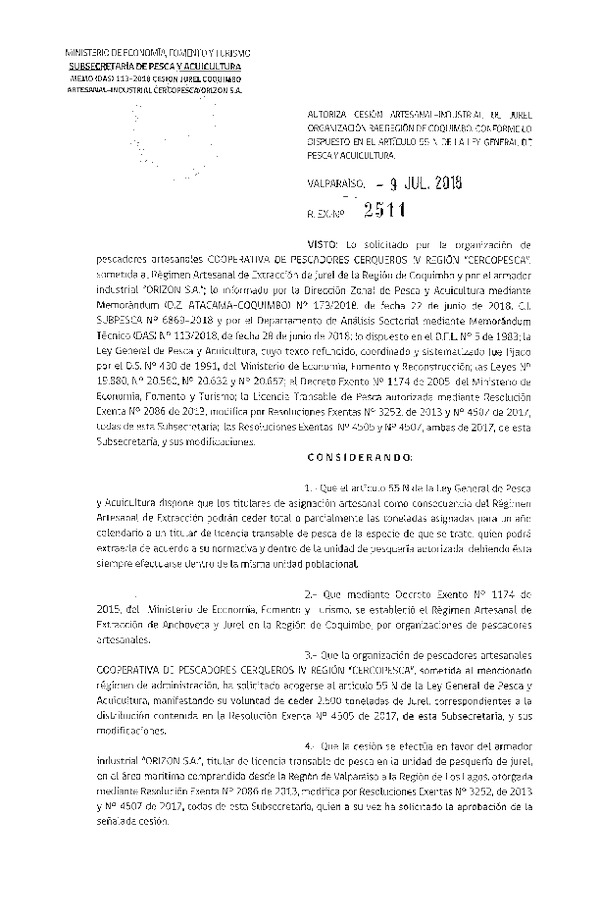 Res. Ex. N° 2511-2018 Cesión Jurel Región de Coquimbo.