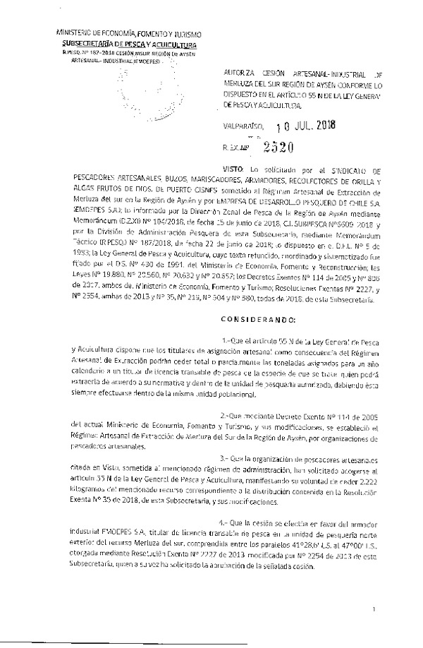 Res. Ex. N° 2520-2018 Cesión Merluza del sur Región de Aysén.