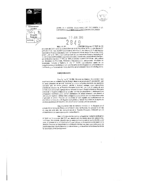 Res. Ex. N° 2849-2018 (Sernapesca) Acumula y Acoge Solicitudes de Exclusión a la Caducidad que Indica, Región de Los Lagos. (Publicado en Página Web 10-07-2018)