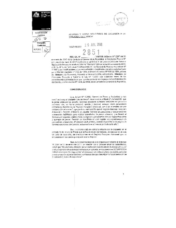 Res. Ex. N° 2851-2018 (Sernapesca) Acumula y Acoge Solicitudes de Exclusión a la Caducidad que Indica. (Publicado en Página Web 10-07-2018)